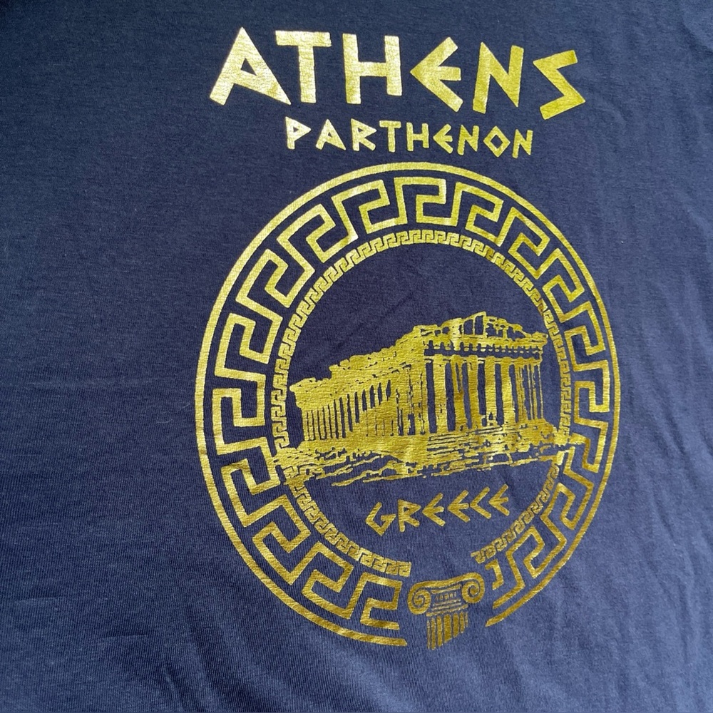 Athens Parthenon Greece Metallic Gold Embossed Tshirt. Size L.  NWOT